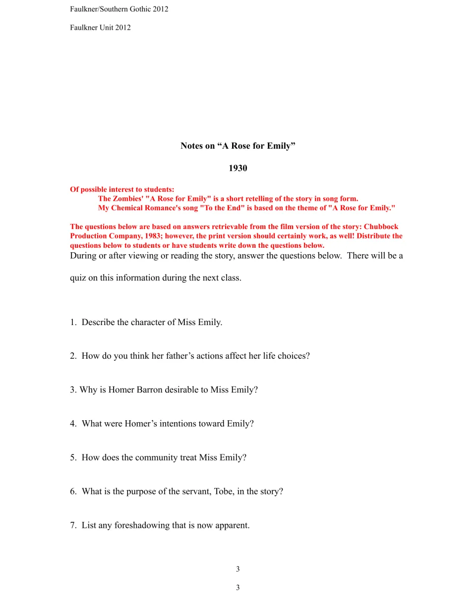 Study questions 1–7 for 'A Rose for Emily' address Emily, her father, Homer, the community, and foreshadowing