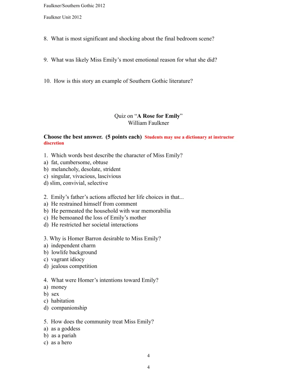 Study questions 8–10 for 'A Rose for Emily' lead into quiz questions about Emily, her father, and Homer