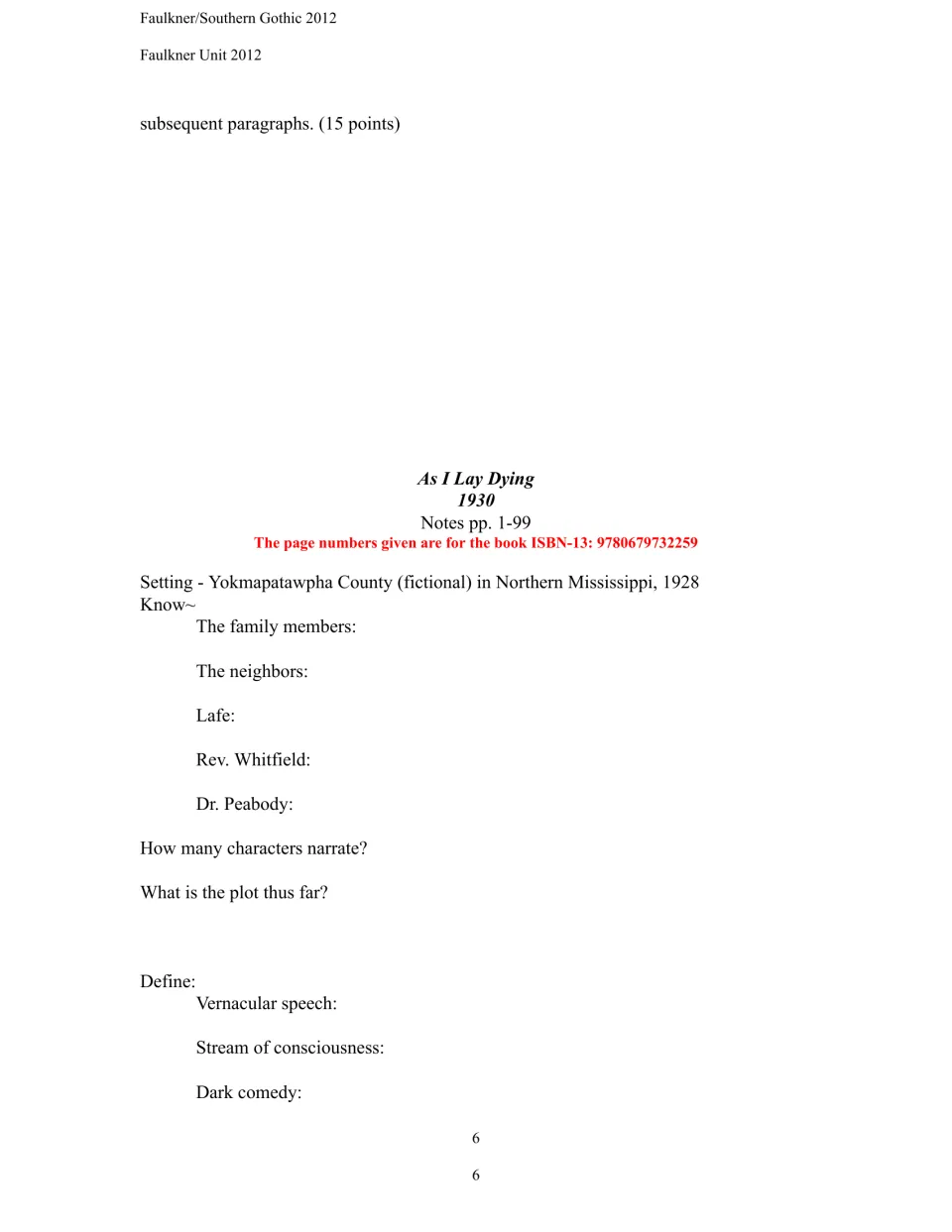 Opening As I Lay Dying reading guide for pages 1–99 asks about characters, narrators, plot, and literary terms