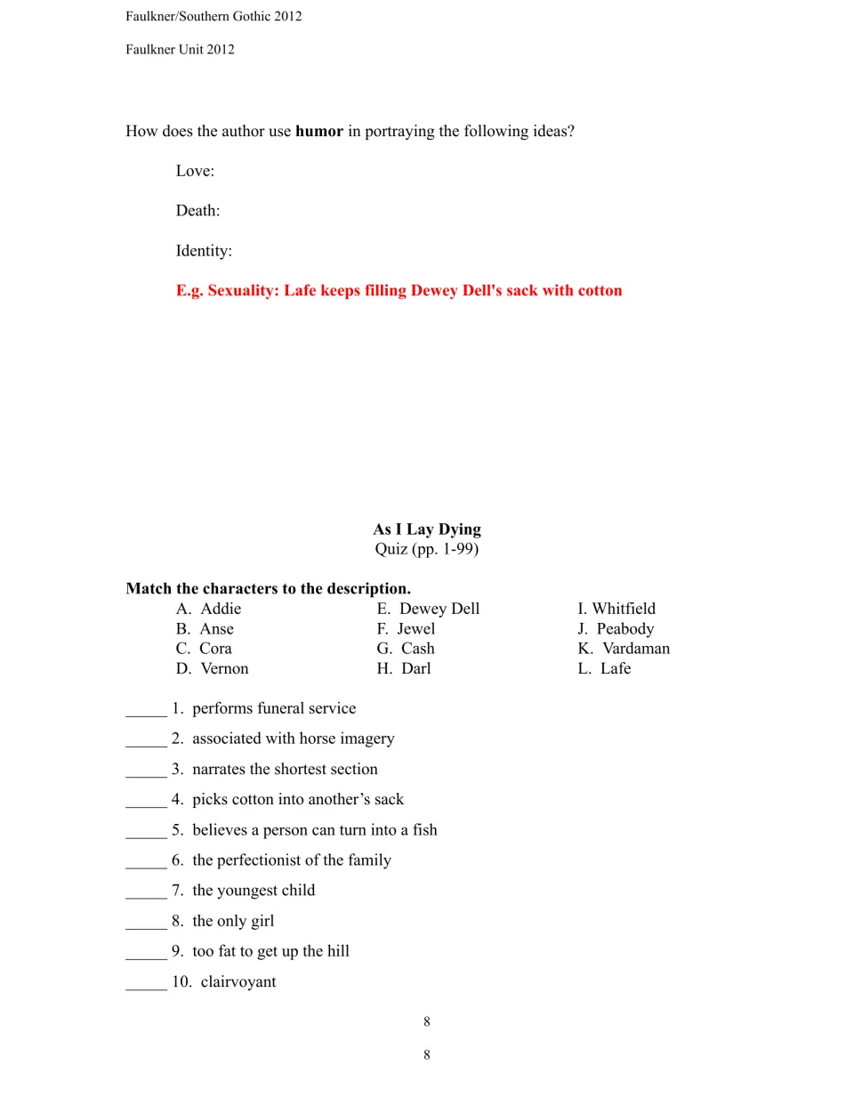 As I Lay Dying humor prompts precede a pages 1–99 quiz matching 12 character names to descriptions