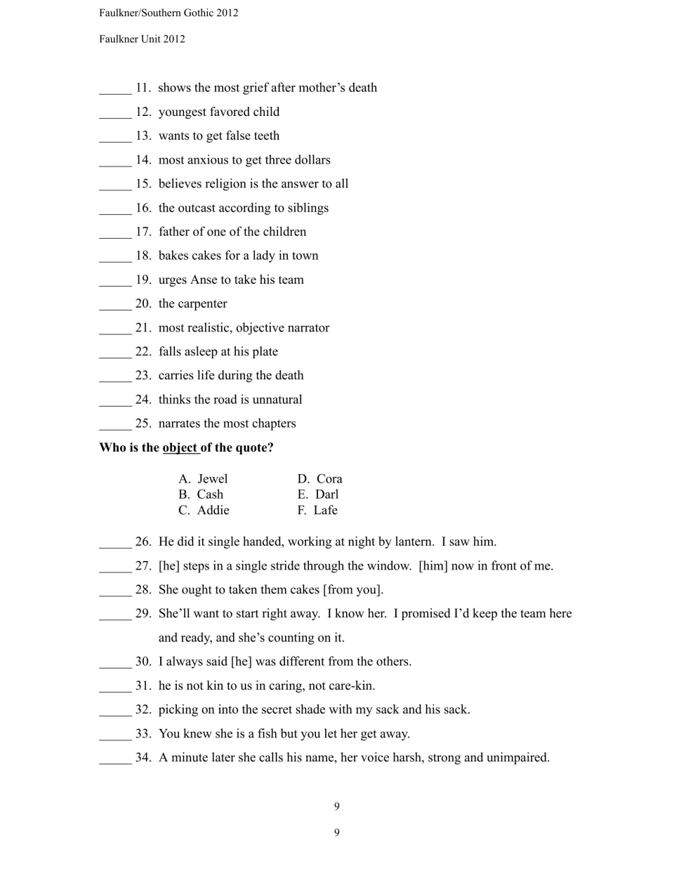 As I Lay Dying quiz continues with character matching items 11–25 and quotation identification items 26–34