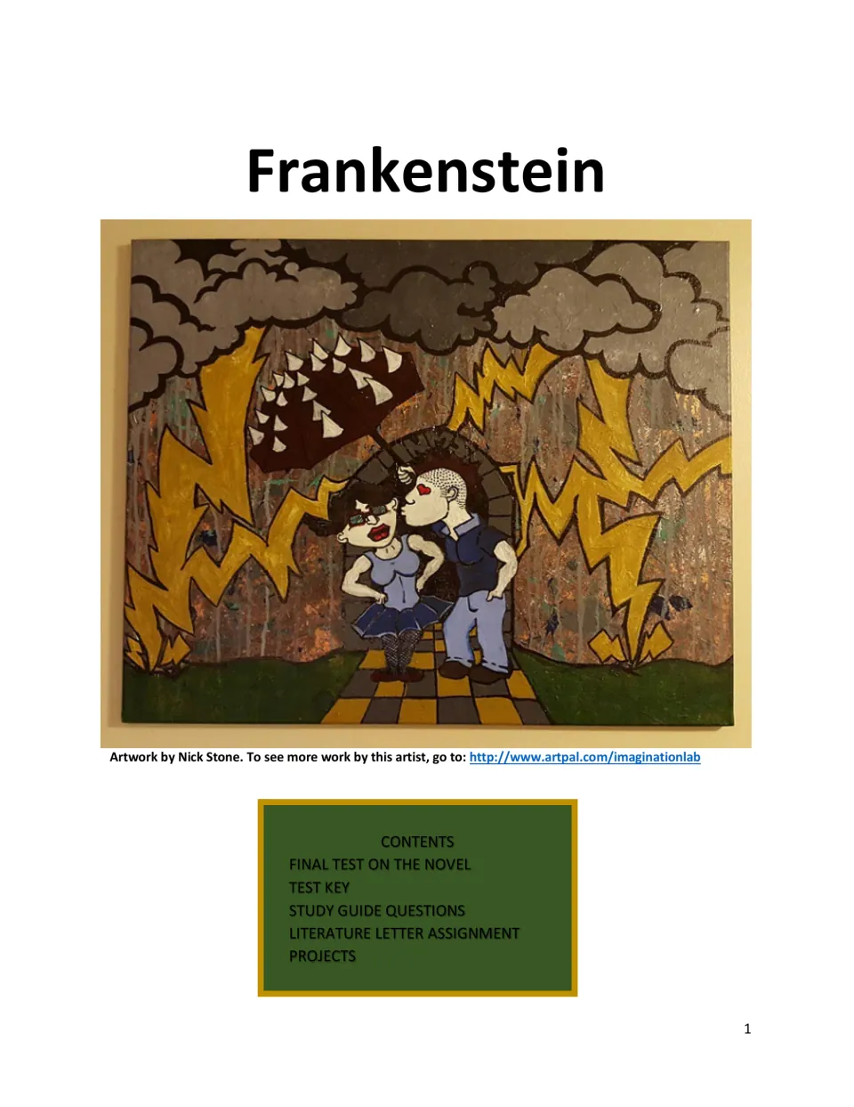 Frankenstein cover showing a painted storm scene by Nick Stone, with a contents list of test, key, guide and projects