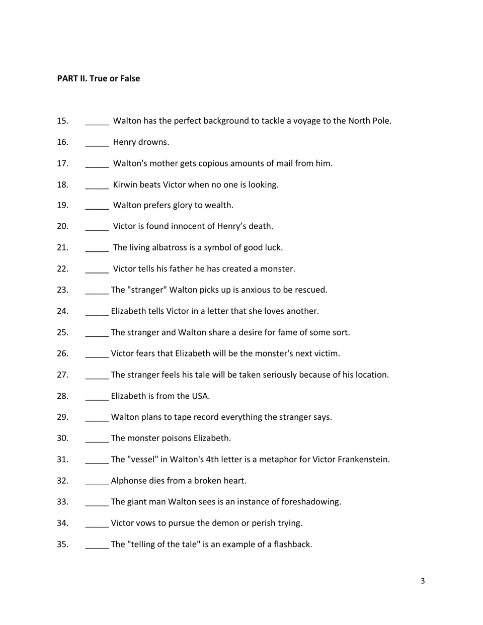 Final test Part II: students mark statements 15 to 35 true or false about Walton, Victor, Henry and Elizabeth
