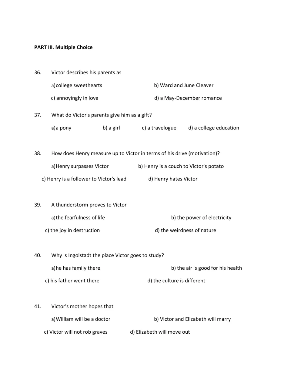Final test Part III: students answer multiple-choice questions 36 to 41 on Victor's parents, Henry and Ingolstadt