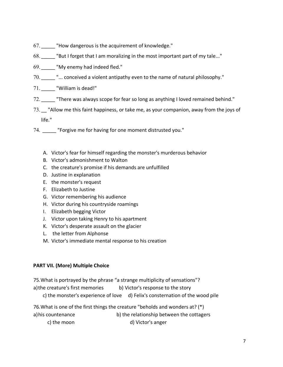 Final test: quotes 67 to 74 are matched to speakers and situations A to M, then Part VII multiple choice begins