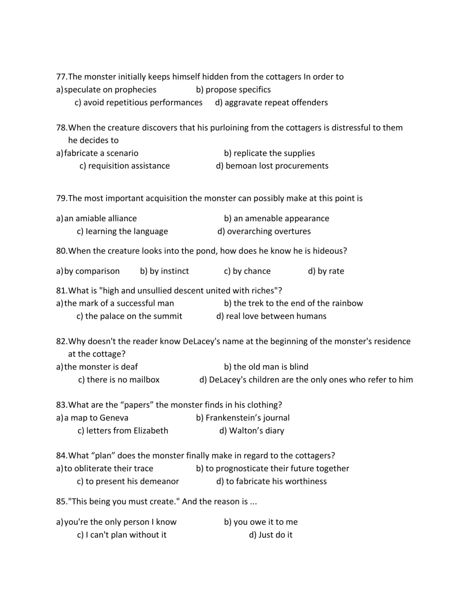 Final test Part VII continued: students answer multiple-choice questions 77 to 85 on the creature, the cottagers and DeLacey