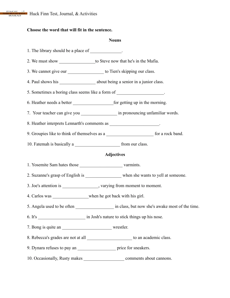 Vocabulary practice for the novel study: 10 noun sentences and 10 adjective sentences to complete
