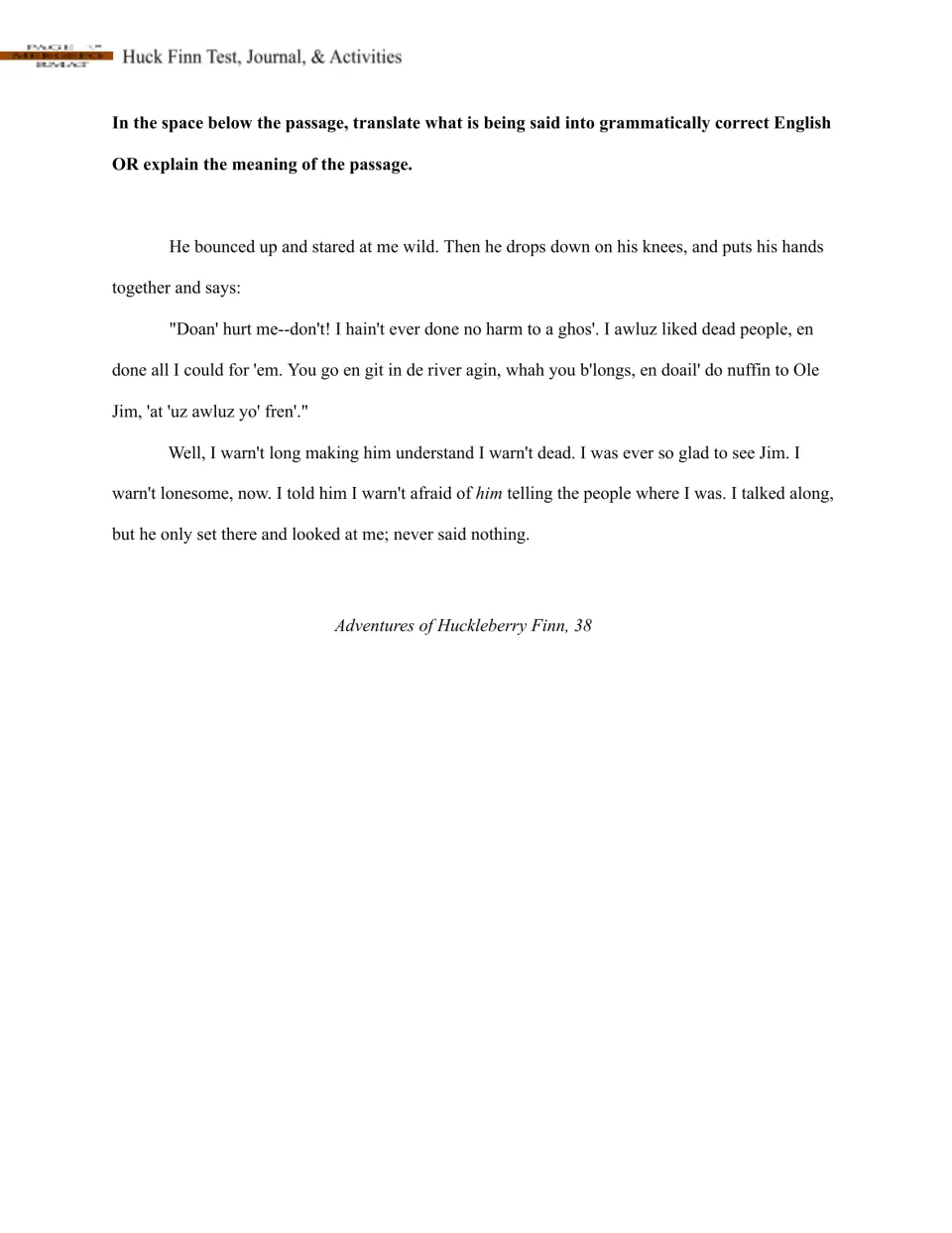 Passage interpretation task asking students to rewrite or explain Jim's reaction to seeing Huck alive