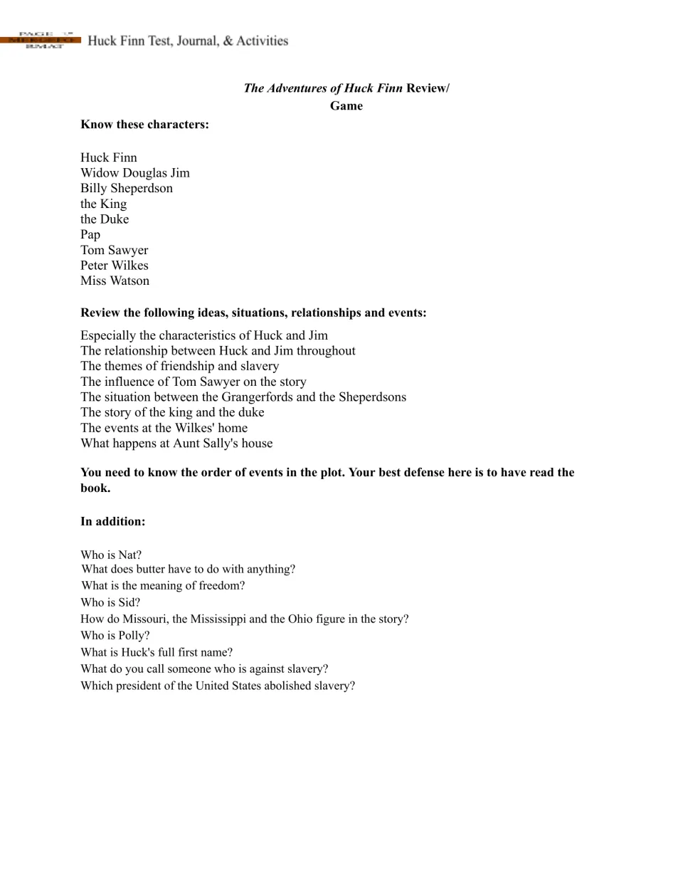Novel test review covering characters, Huck and Jim's relationship, friendship, slavery, and plot order