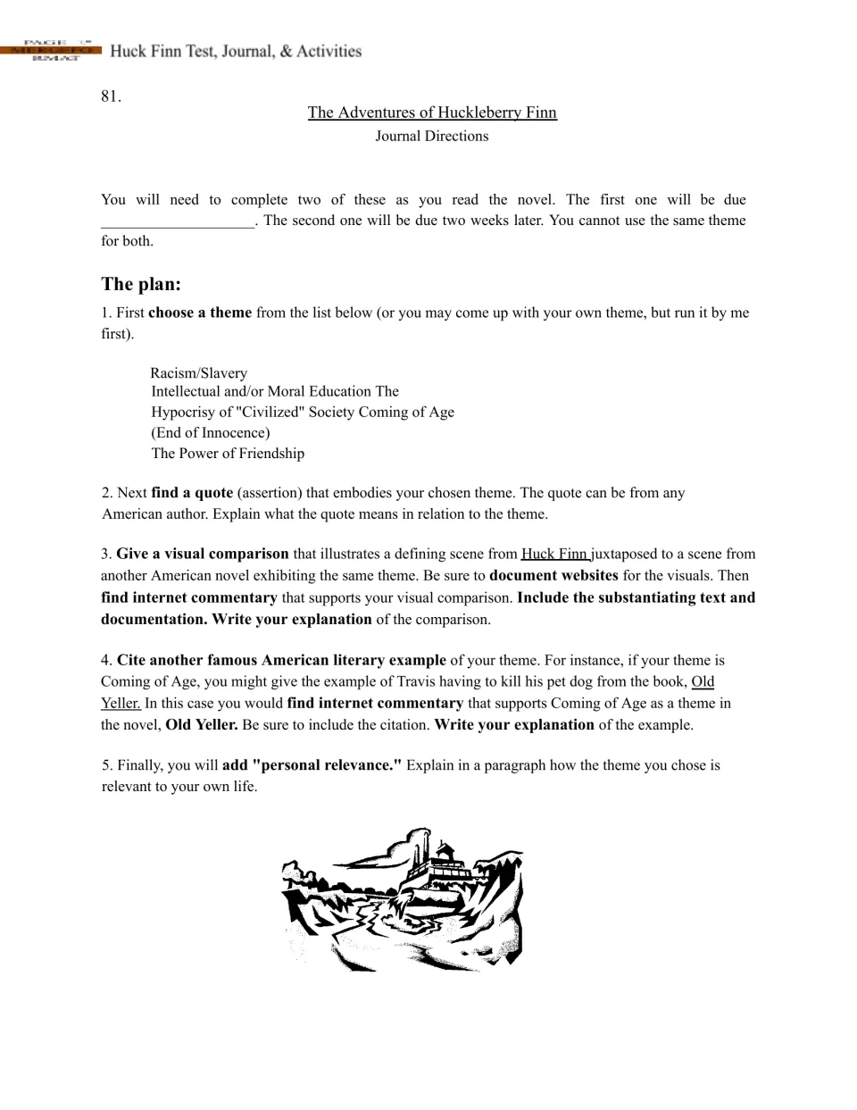 Journal directions for two themes, each using a quote, visual comparison, literary example, and personal response