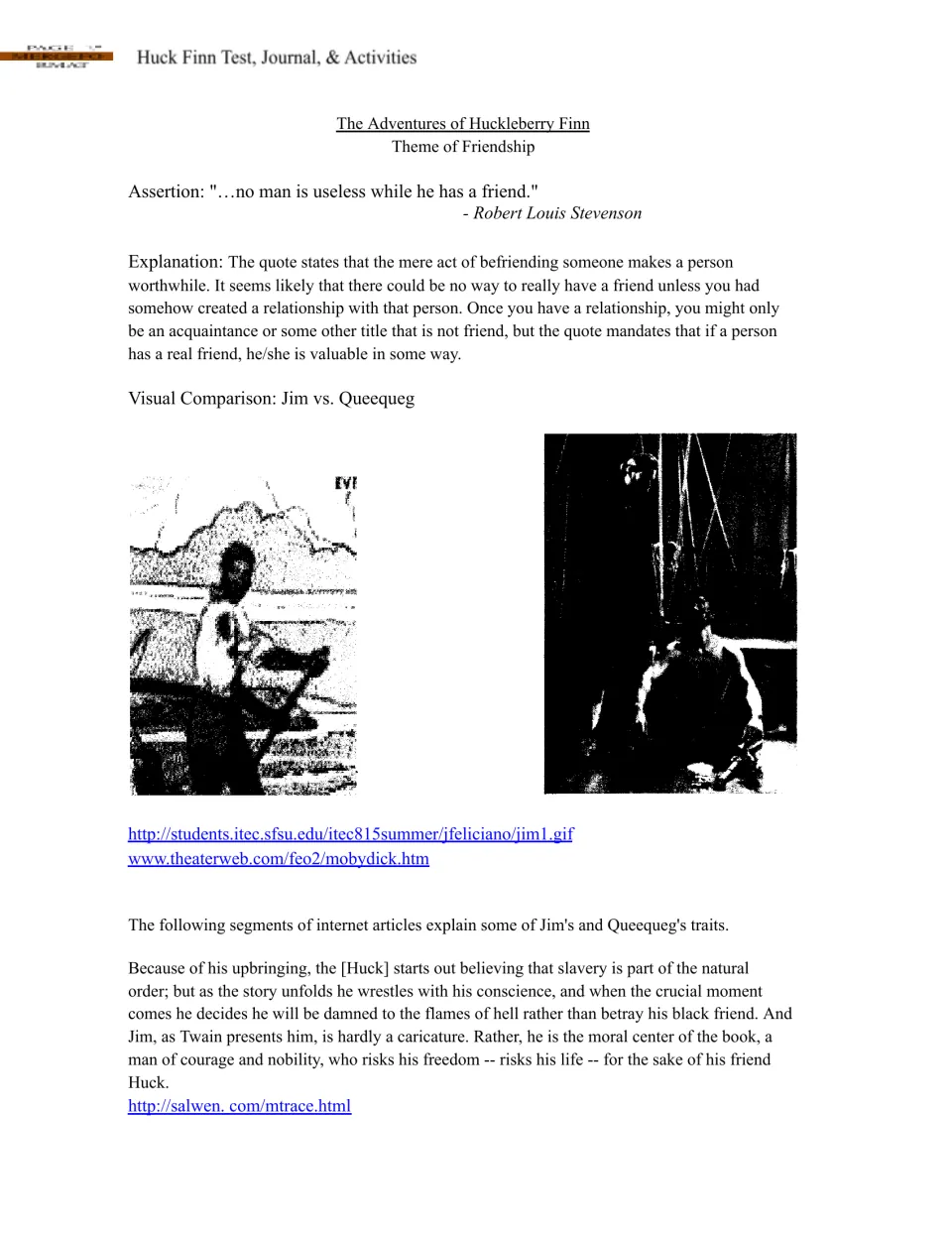 Friendship journal example opening with a Stevenson quote, an explanation, and images comparing Jim and Queequeg