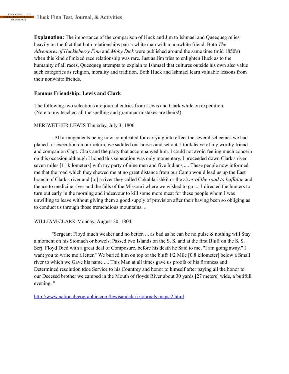 Friendship journal example explaining the character comparison and adding Lewis and Clark journal excerpts