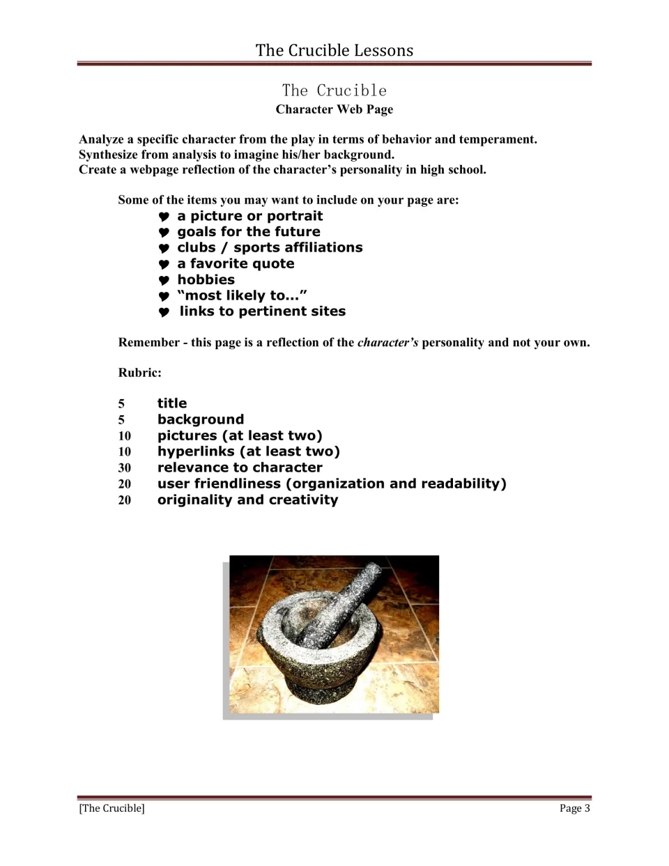 Character webpage project imagining a character in high school, with goals, hobbies, links, and a rubric