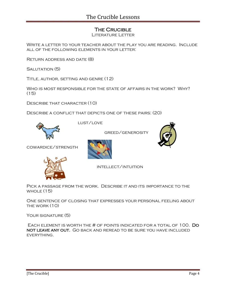 Literature letter assignment addressing responsibility, character, conflict, and a passage’s importance