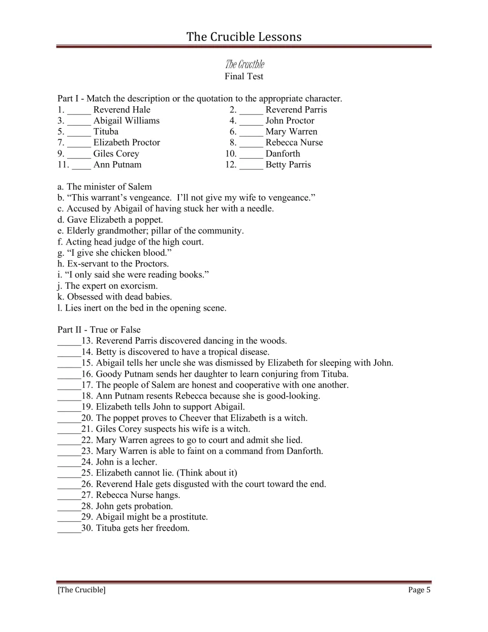 Final test questions 1–30: match 12 characters to descriptions or quotations, then answer true or false