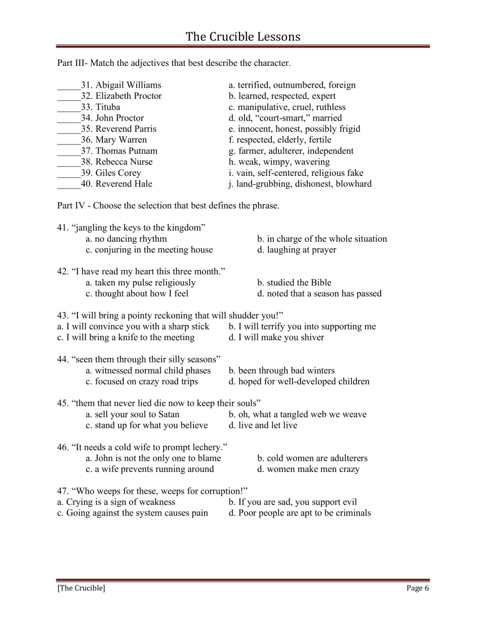 Final test questions 31–47: match characters to adjectives and choose the meanings of phrases from the play