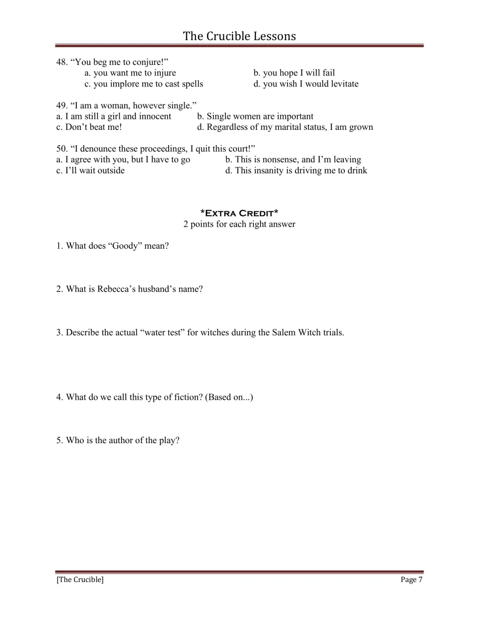 Final test questions 48–50 on quotation meanings, plus five extra-credit prompts on the play and its context