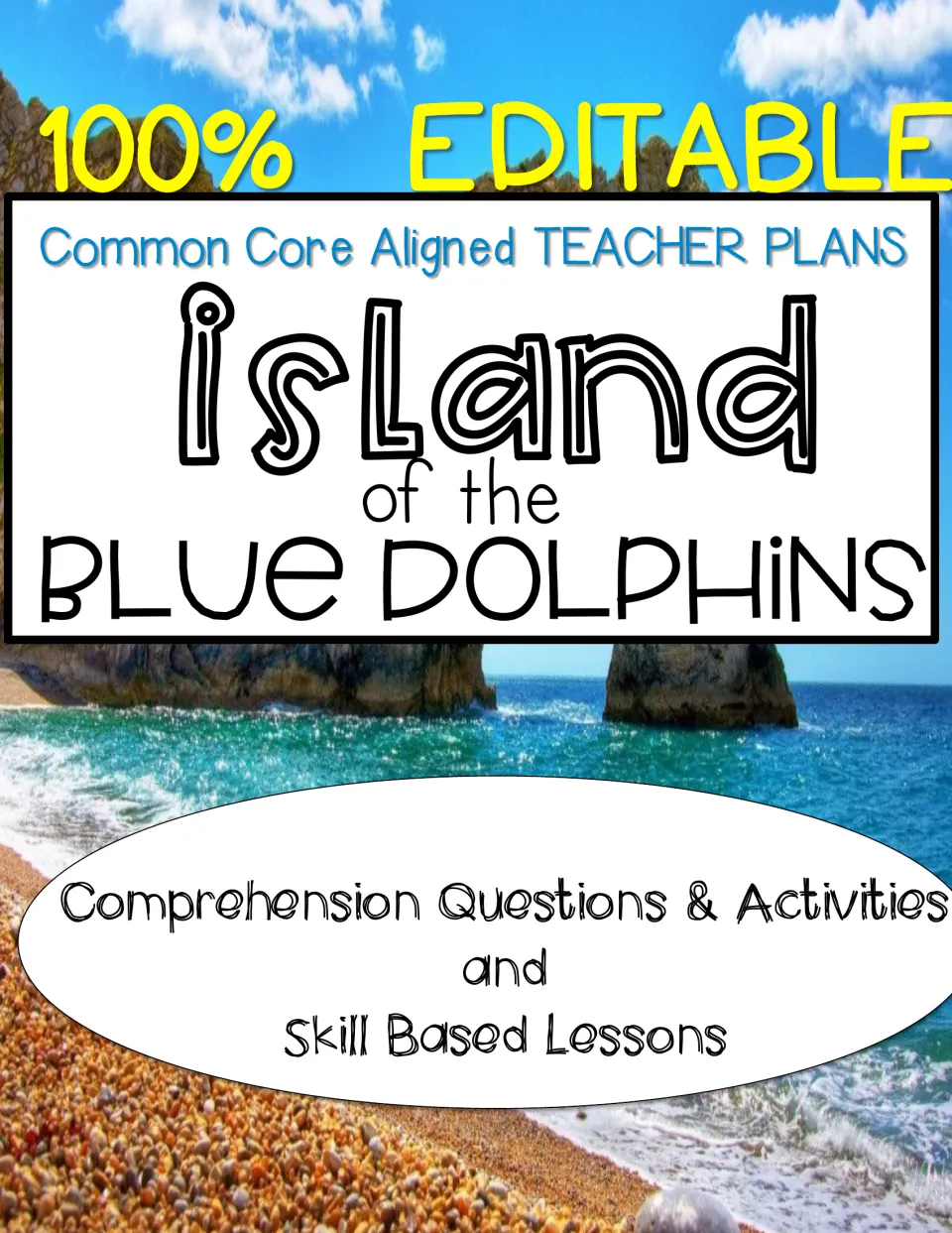 Novel study cover announcing editable teacher plans, comprehension questions, activities, and skill lessons