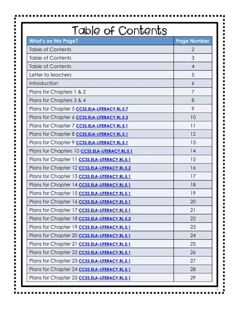 First contents page listing teacher guidance, an introduction, and lesson plans for chapters 1 through 25