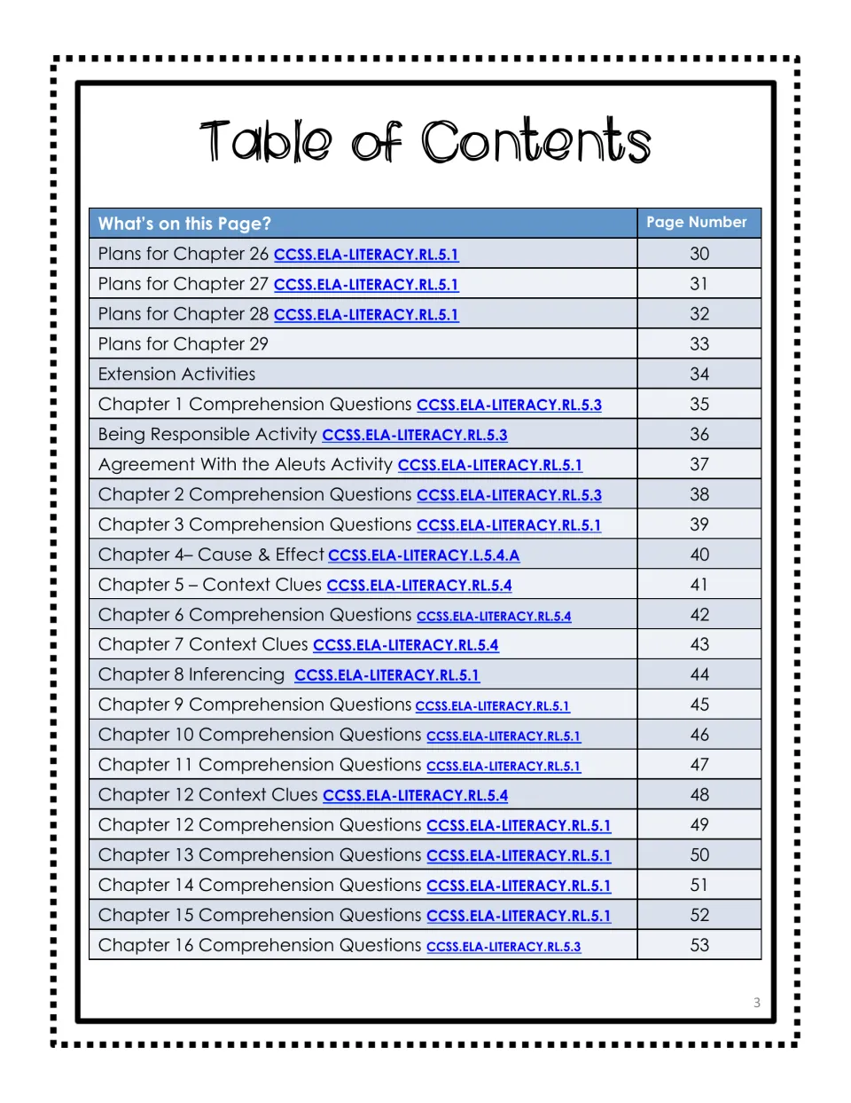 Second contents page listing plans for chapters 26–29, extension activities, and chapter 1–16 student tasks
