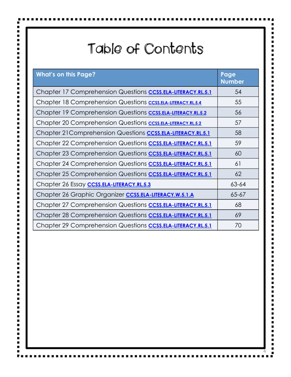 Third contents page listing chapter 17–29 comprehension work, a chapter 26 essay, and a graphic organizer