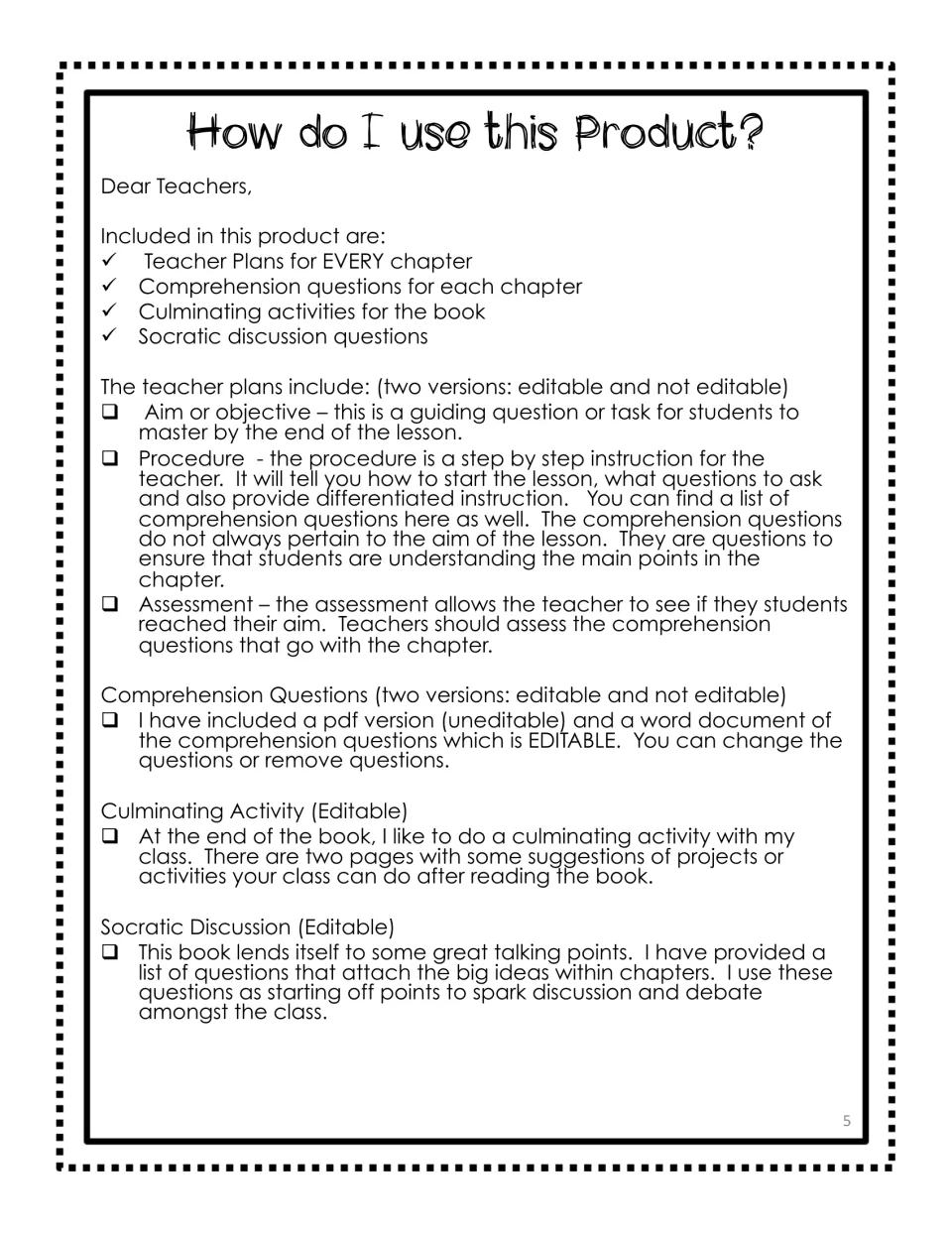 Teacher guide explaining lesson plans, editable comprehension questions, culminating work, and Socratic discussion