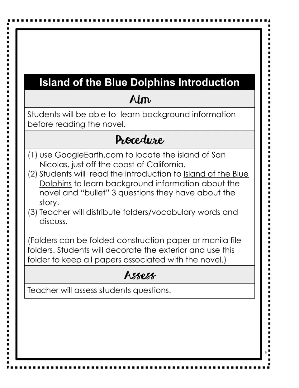 Introduction lesson plan using Google Earth to locate San Nicolas Island and having students write three questions