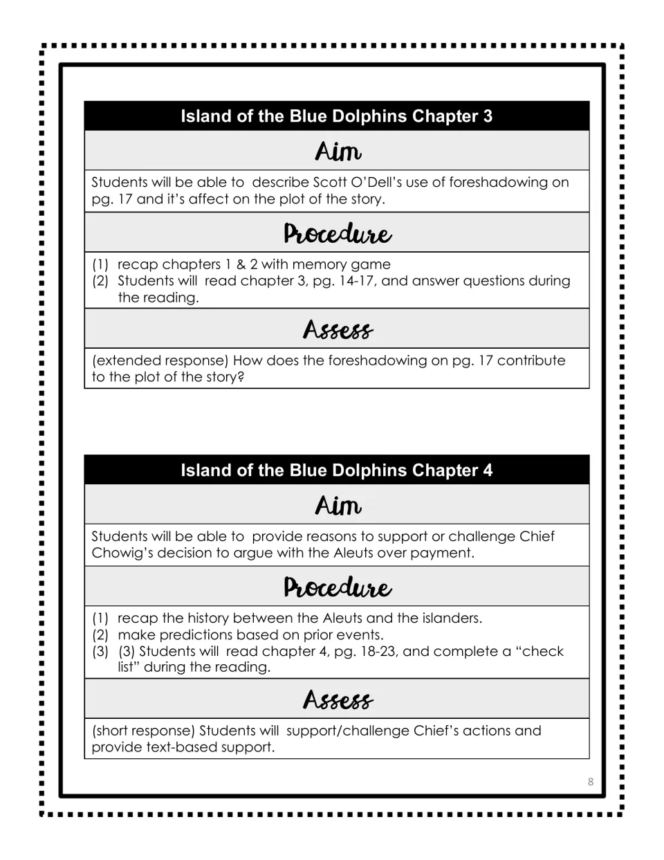 Chapter 3 and 4 lesson plans on foreshadowing and using text evidence to evaluate Chief Chowig’s payment dispute