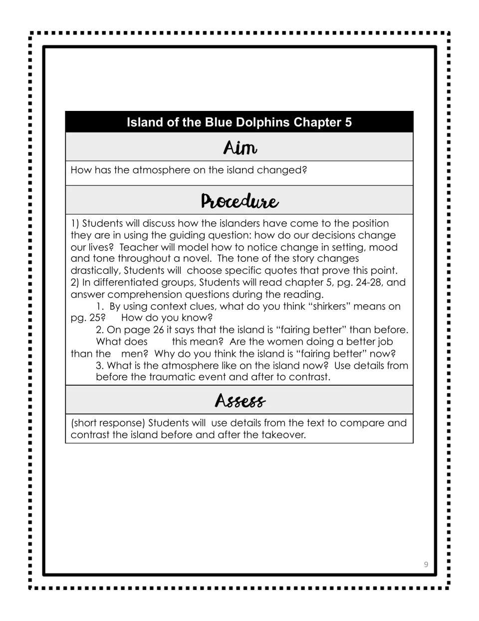Chapter 5 lesson plan on changes in island atmosphere, setting, mood, tone, and the context clue word “shirkers”