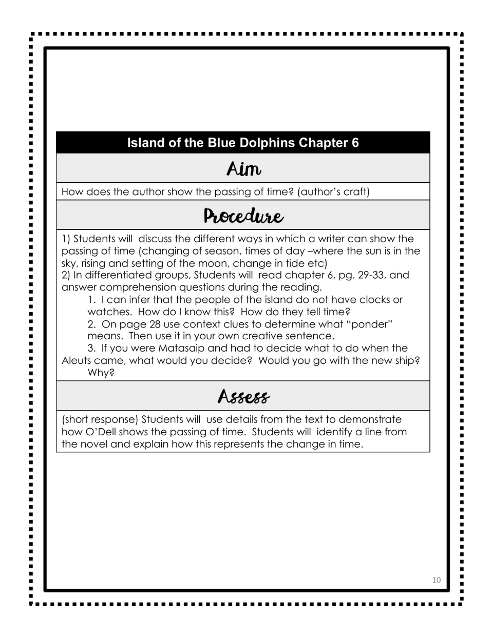 Chapter 6 lesson plan on how the author shows passing time, with context clues for “ponder” and text evidence