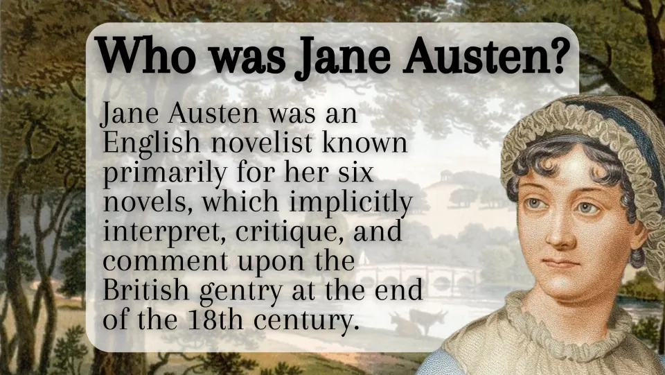 Introduction slide identifying Jane Austen as an English novelist whose six novels critique British gentry