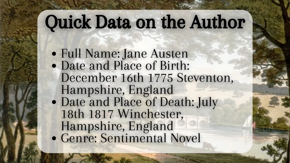 Author facts slide listing Jane Austen's full name, birth in Steventon, death in Winchester, and genre