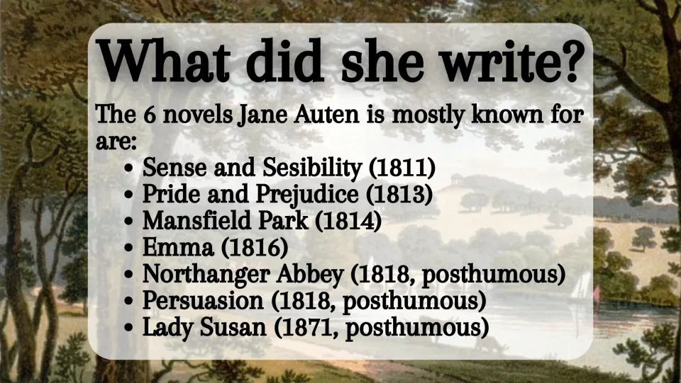 Works slide listing seven Austen titles with dates, including Emma, Northanger Abbey, and Lady Susan