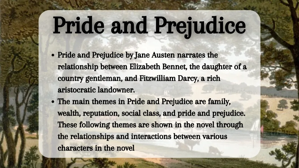 Pride and Prejudice summary slide introducing Elizabeth Bennet and Darcy, with themes of class and reputation