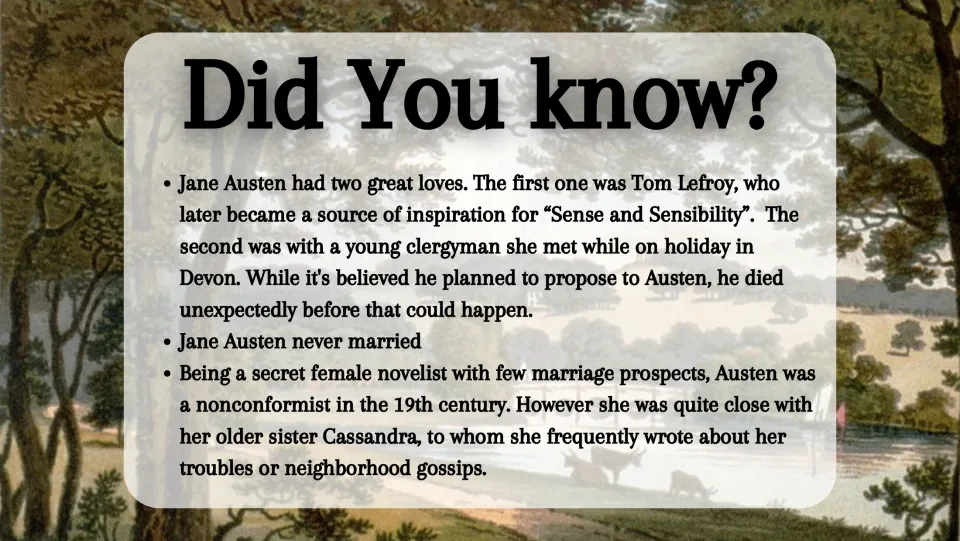 Personal facts slide discussing Austen's love interests, unmarried status, and closeness to her sister Cassandra