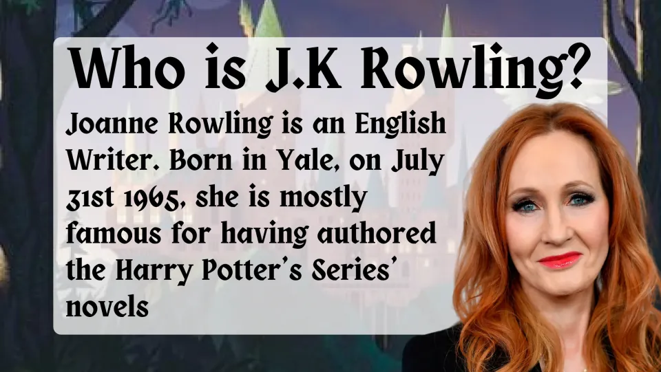 Author introduction slide identifying Joanne Rowling as an English writer known for the Harry Potter novels
