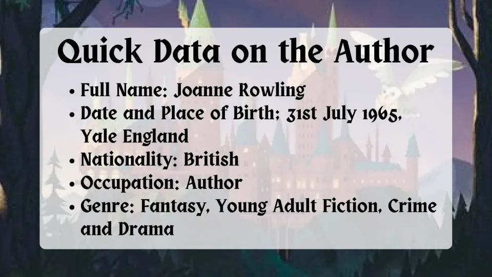 Author facts slide listing Joanne Rowling's full name, birth details, British nationality, occupation, and genres