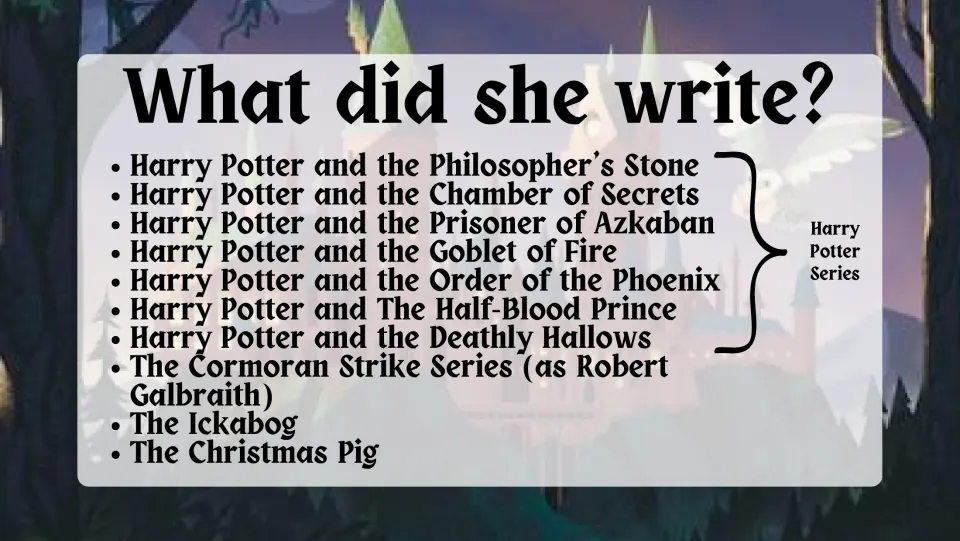 Works slide listing seven Harry Potter novels, the Cormoran Strike series, The Ickabog, and The Christmas Pig