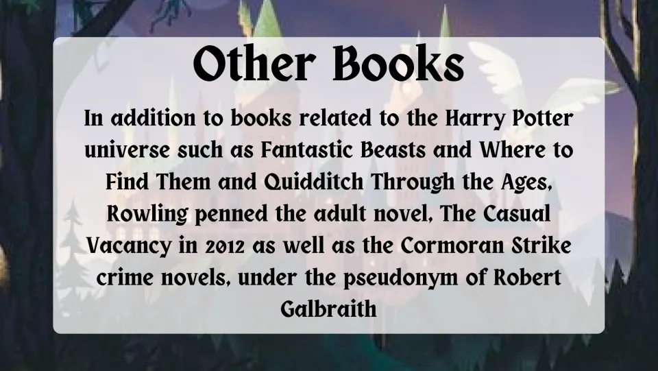 Other books slide covering companion titles, The Casual Vacancy, and crime novels written as Robert Galbraith