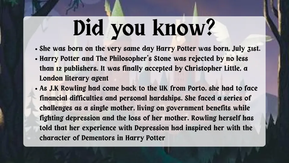 Author trivia slide discussing Harry's shared birthday, manuscript rejections, and depression inspiring Dementors