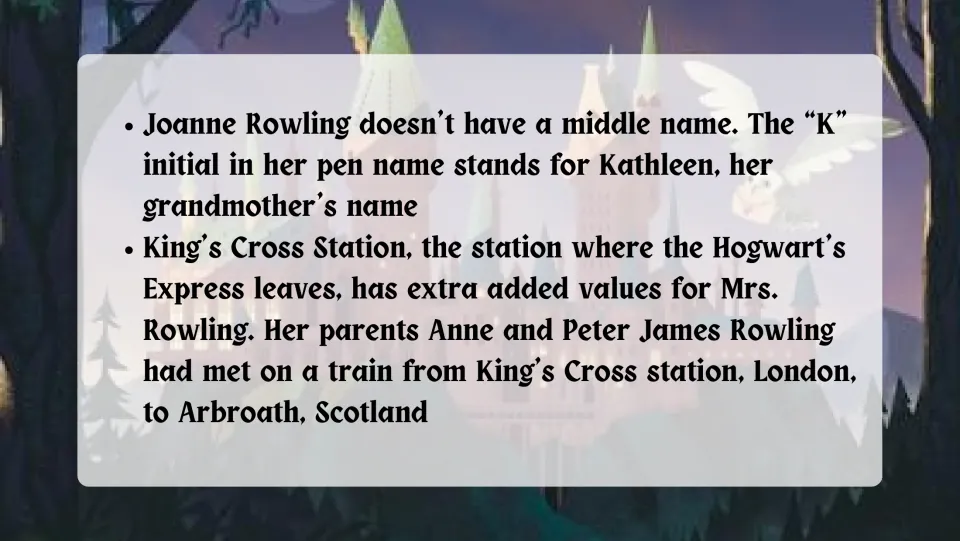 Second author trivia slide explaining the initial K and the link between King's Cross and Rowling's parents