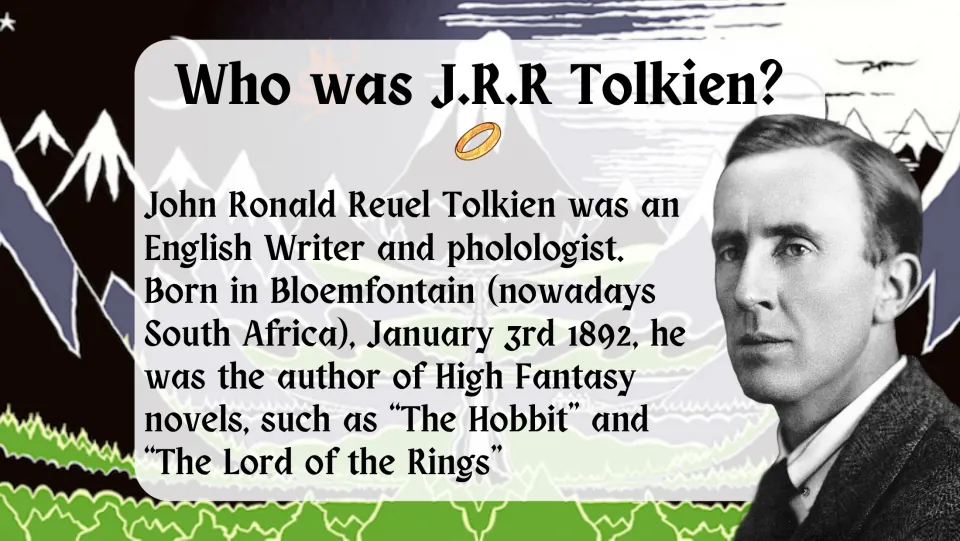Author introduction slide identifying John Ronald Reuel Tolkien, his birthplace, and two fantasy novels