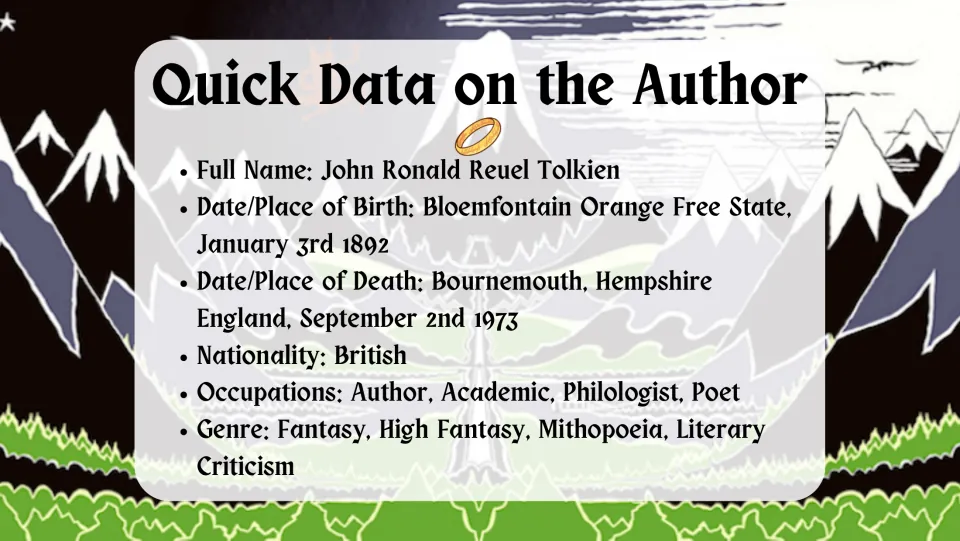 Quick facts slide listing Tolkien's full name, birth and death details, nationality, occupations, and genres