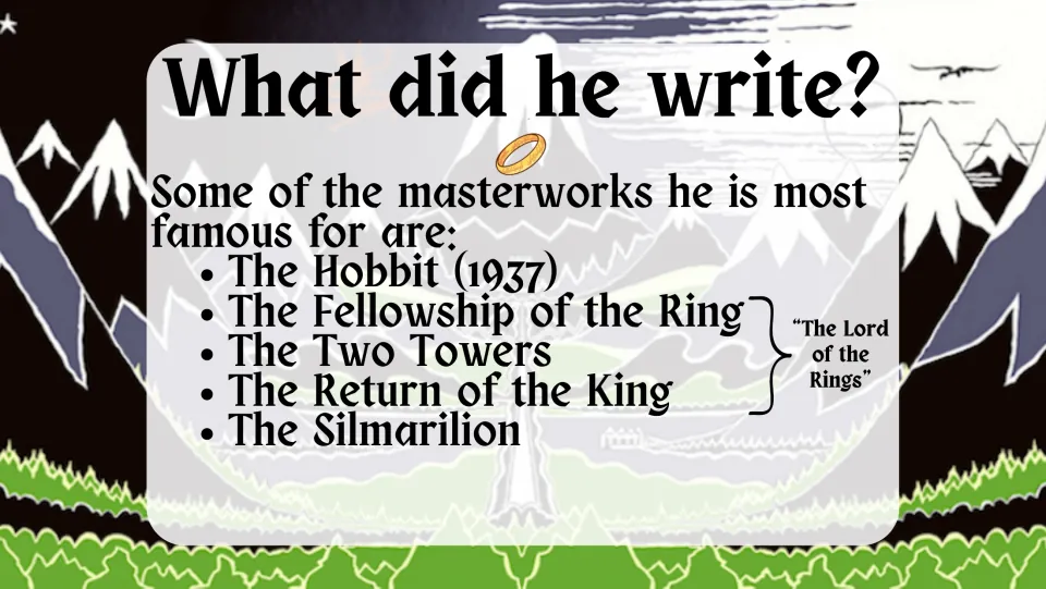 Major works slide listing The Hobbit, the three volumes of The Lord of the Rings, and The Silmarillion