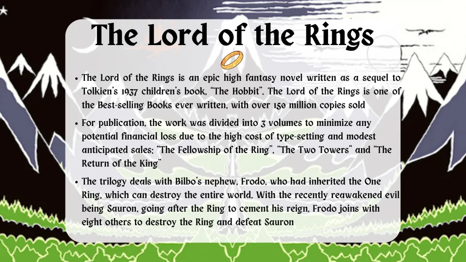 The Lord of the Rings slide covering its sequel origins, publication in three volumes, and Frodo's quest