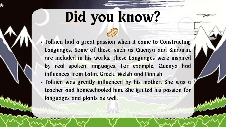 Personal interests slide covering Tolkien's invented languages, Quenya and Sindarin, and his mother's influence