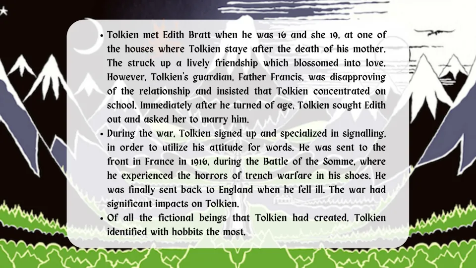 Biographical facts slide covering Tolkien's relationship with Edith Bratt, war service, and affinity for hobbits