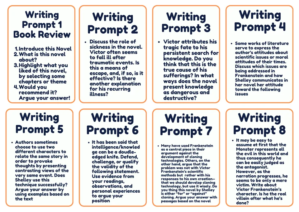 Eight essay prompts: book review, Victor's illness, dangerous knowledge, cloning and whether Victor is the real villain
