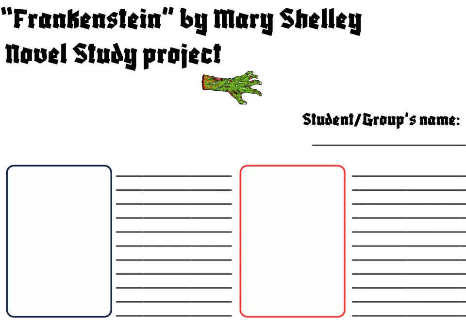 Frankenstein by Mary Shelley project sheet: students add a name and write beside the navy and red card spaces