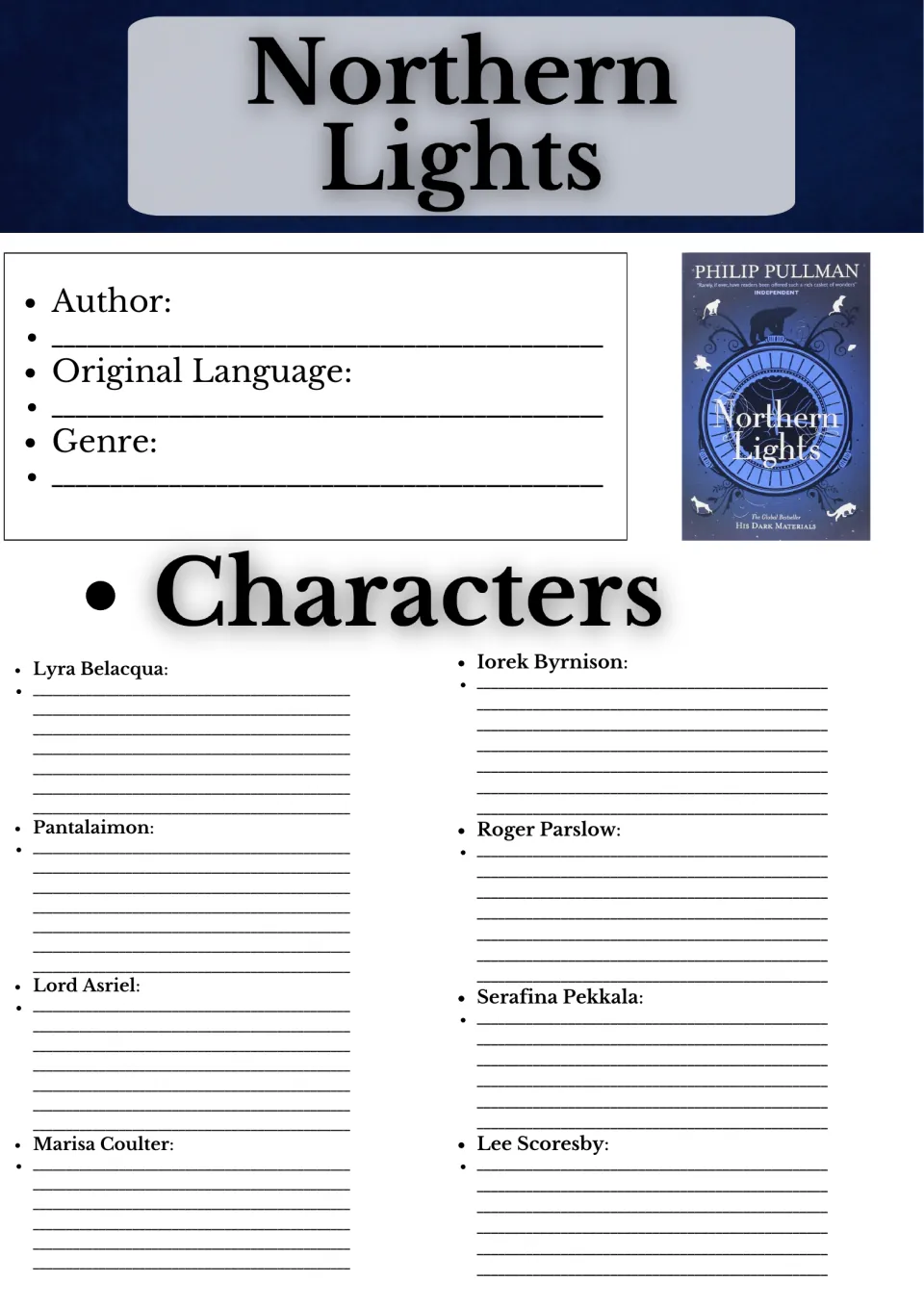 Northern Lights book facts and characters: students note author, language, genre and describe Lyra, Iorek and 6 others